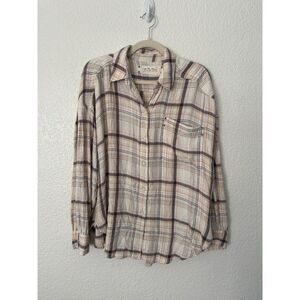 We The Free Cream Brown Plaid Flannel Button Up Short Size Small